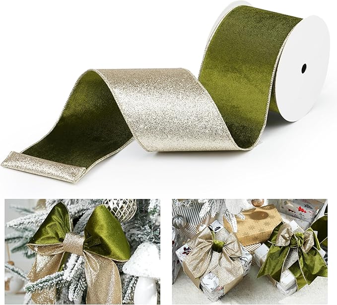 Moss Velvet Wired Ribbon with Glitter Back 4 Inch Green and Gold Christmas Ribbon Wired Olive Ribbon for Christmas Tree, Gift Wrapping, Crafts, Wreaths Supplies, Topper Bows (10 Yards)