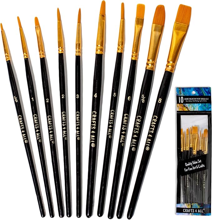 Crafts 4 All Acrylic Paint Brushes - Pack of 10 Professional, Wide and Fine Tip, Nylon Hair Artist Paintbrushes - Paintbrush Bulk Set for Watercolor, Canvas, Craft, Detail & Oil Painting