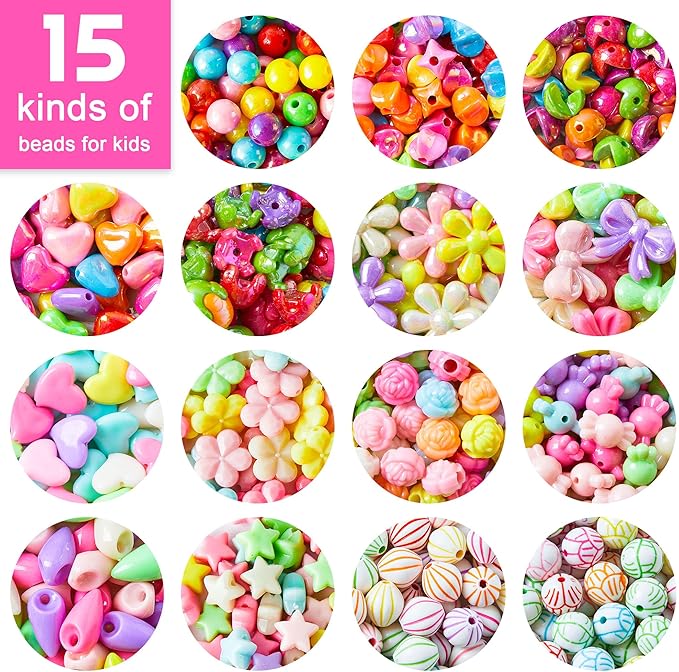 Beads for Kids Crafts, 1100 Jewelry Making Kit Includes Scissor, String, Instruction and Accessories for Bracelet Making, Toys for Girls by Inscraft