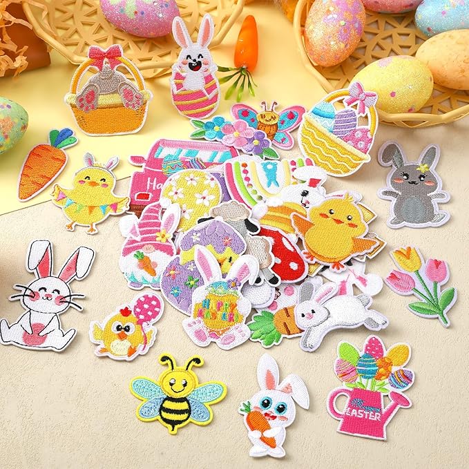 AUGSUN 36pcs Easter Iron On Patches Chicken Bunny Carrot Egg Basket Candy Embroidered Sew Applique Repair Patch DIY Crafts for Clothing Jacket Jeans Pants Dress Backpack Hat Decorations
