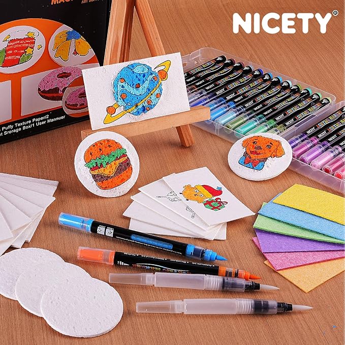 NICETY Magic Foam Texture Painting Kit, 56 Pack 3D Art Set with 24 Acrylic Paint Pens, 28 Puffy Texture Paper, 2 Water Brush Pens, Transparent Storage Box – Aqua Puffs Effect Magic Paint Set