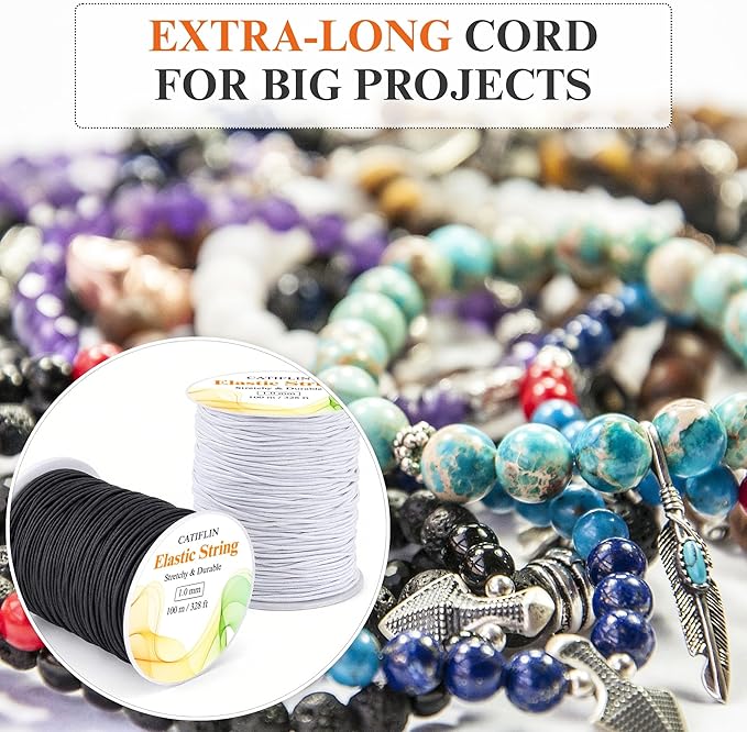 CATIFLIN Elastic String for Bracelets 2 Rolls 1mm 656FT, Stretchy Cord for Beading, Jewelry Making, Pony Beads, Charms, DIY Crafts, Black and White Nylon Thread, Strong Bracelet Supplies