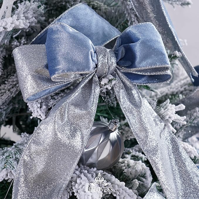 Dusty Blue Velvet Wired Ribbon with Glitter Back 2.5 Inch Blue and Silver Christmas Ribbon Wired Ribbon for Christmas Tree, Gift Wrapping, Mantel, Wreaths Supplies, Topper Bows (10 Yards)