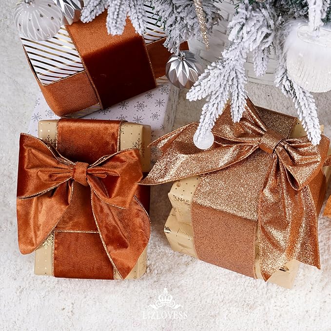 Copper Velvet Wired Ribbon with Glitter Back 4 Inch Copper Christmas Ribbon Wired Ribbon for Christmas Tree Decorations, Gift Wrapping, Crafts, Wreaths Supplies, Topper Bows (10 Yards)