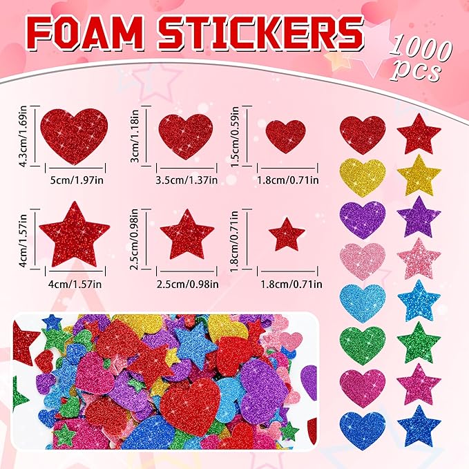 1000 Pcs Foam Stickers Glitter Shape Stickers Colorful Heart Stars Sticker Self Adhesive Geometric Sticker for Kids Crafts Supplies Preschool DIY Art Project Scrapbooking Home Decor(Heart & Star)