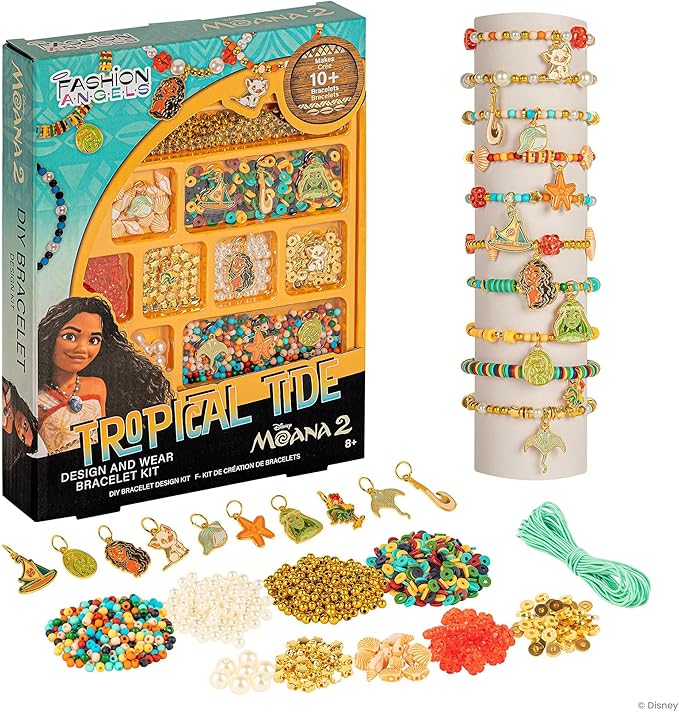 Fashion Angels Disney Moana 2 Tropical Tide Jewelry Design Kit, Includes Assorted Beads & Charms, Makes 10+ Nautical Bracelets, Fun Craft for Kids Ages 8+