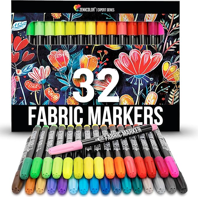 Zenacolor 32 Fabric Markers Pens - Non Toxic, Indelible and Permanent Fabric Paint Pens - Fine Point Tip Textile Marker Pen