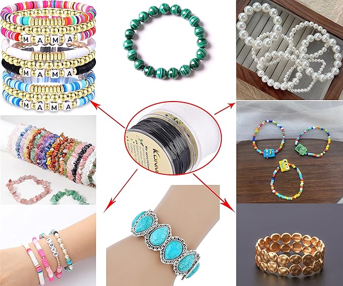 KONMAY 44 Yards 1.2mm Round Stretchy Cystal String for Bracelet with Organizing Case, Black Crystal Elastic Thread Cord for Jewelry Bracelets Making and Beading