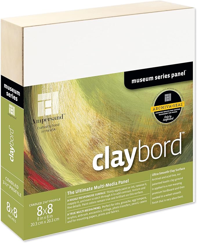 Ampersand Art Supply Wood Painting Panel: Museum Series Claybord, 8" x 8", 1-1/2"Cradled Profile