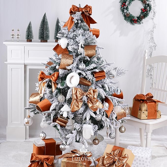 Copper Velvet Wired Ribbon with Glitter Back 4 Inch Copper Christmas Ribbon Wired Ribbon for Christmas Tree Decorations, Gift Wrapping, Crafts, Wreaths Supplies, Topper Bows (10 Yards)