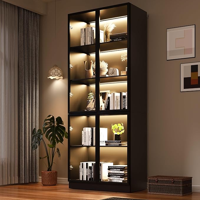 Wooden Display Storage Cabinet with Glass Door, LED Lights,Showcase for Collections, Perfume, Vinyl Albums, Bookcase for Home Office, Living Room, Clinic, Pantry (5 Layers-Black)