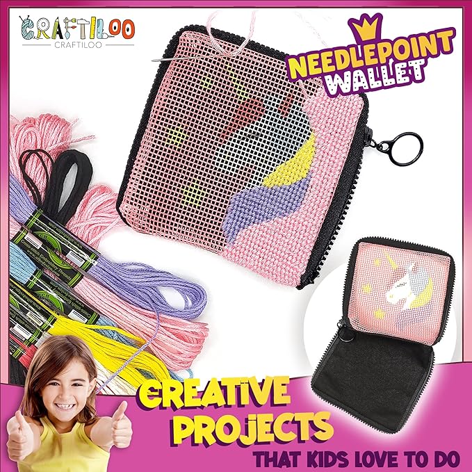Pre Printed Needlepoint Wallet Kit for Kids Embroidery Arts and Crafts Set Cross Stitch Sewing Latch Hook Kit (Unicorn)