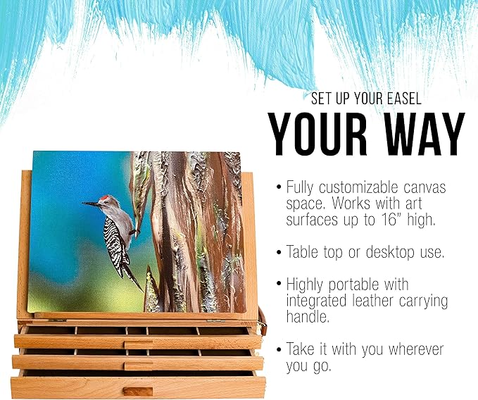 U.S. Art Supply Adjustable 3-Drawer Wooden Storage Box Easel & Folding Canvas Stand - Portable Art Desk, Artist Desktop Easel for Painting & Drawing - Holds Paint, Markers, Pens, Premium Beechwood