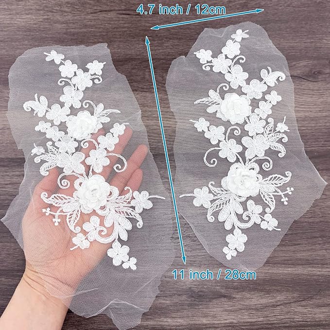BETITETO 3D Flower Embroidered Lace Appliques Embellishments Floral Sew on Patches for Handmade Wedding Dress Decoration DIY Sewing Craft