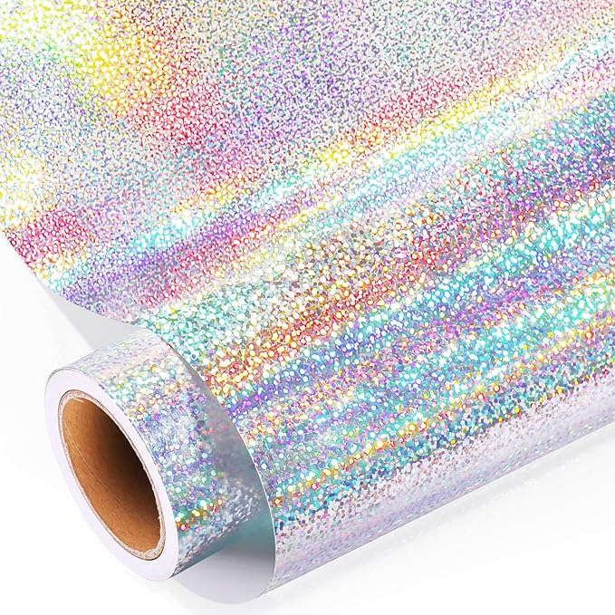 GIRAFVYINL Holographic Vinyl Silver Glitter Vinyl - 12” x 10FT Holographic Permanent Vinyl Glitter Adhesive Vinyl for Craft, Easy to Weed Vinyl Work with Vinyl Cutter