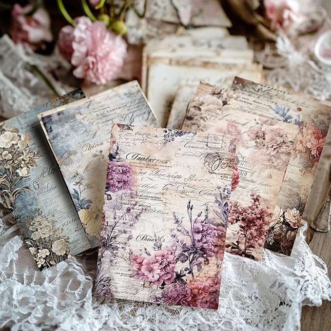 160 Sheets Vintage Flower Scrapbook Paper Purple Pink Flowers with Cursive Script No Repeating Patterns Perfect for Junk Journal DIY Cards Craft Albums Scrapbooking Supplies (Purple, 3.9 x 5.5 inches)