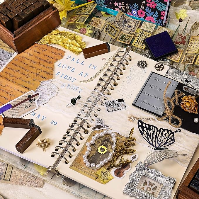 Letter Stamps, 56pcs Alphabet Stamps with Weeks and Weather, Number Stamps with Wooden Case, Vintage Symbol Wood Stamps with Ink Pads Rubber Stamps for Crafting, Card Making, Scrapbooking