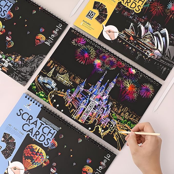 Scratch Art Book(A4-20Page) for Adults & Teens – ASMR Stress-Relieving Scratch Off Art | Paint by Scratch Kit Set | Travel Landmarks & Engraving Art | Creative Gift for Adults (Rainbow City Series)