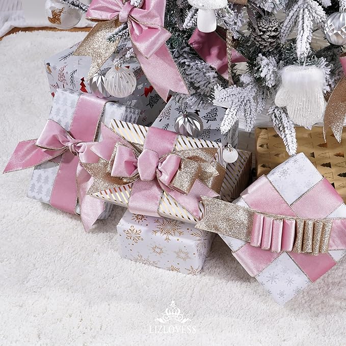 Pink Velvet Wired Ribbon with Glitter Back 2.5 Inch Pink and Gold Christmas Ribbon Wired Ribbon for Christmas Tree, Gift Wrapping, Mantel, Wreaths Supplies, Topper Bows (10 Yards)