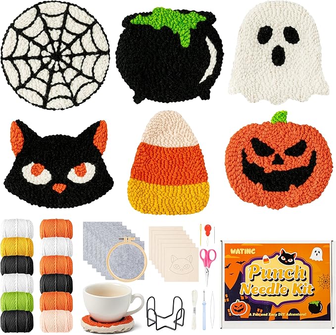 WATINC Christmas Punch Needle Coaster Kits - 23Pcs Easy Art Work Decor Craft Supply for Beginners, DIY Set of 6 Pattern Tufted Pads with Adhesive Felt Yarns Tools Coaster Holder Instruction (Orange)