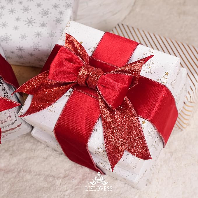 Red Velvet Wired Ribbon with Glitter Back 2.5 Inch Red Christmas Ribbon Wired Reversible Ribbon for Christmas Tree, Gift Wrapping, Mantel, Wreaths Supplies, Topper Bows (10 Yards)