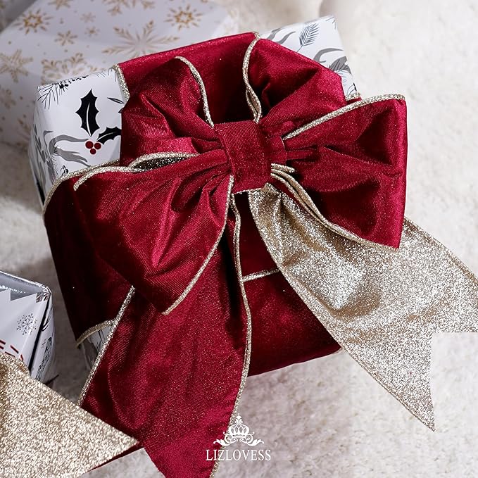 Burgundy Velvet Wired Ribbon with Glitter Back 4 Inch Burgundy and Gold Christmas Ribbon Wired Ribbon for Christmas Tree, Gift Wrapping, Mantel, Wreaths Supplies, Topper Bows (10 Yards)