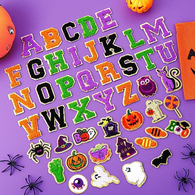 72 Pcs Autumn Halloween Patches Chenille Halloween Letter Patch Self Adhesive Embroidered,Include 52 A-Z Letters Patches,20 Pumpkin Ghost Skeleton Witch Hat Spider Gravestone Sew on Patch Stickers