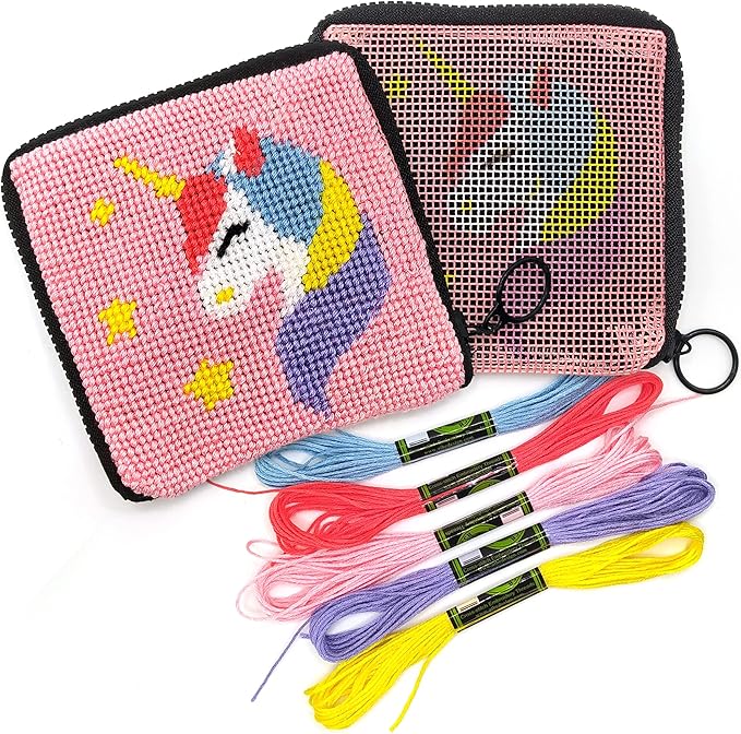 Pre Printed Needlepoint Wallet Kit for Kids Embroidery Arts and Crafts Set Cross Stitch Sewing Latch Hook Kit (Unicorn)