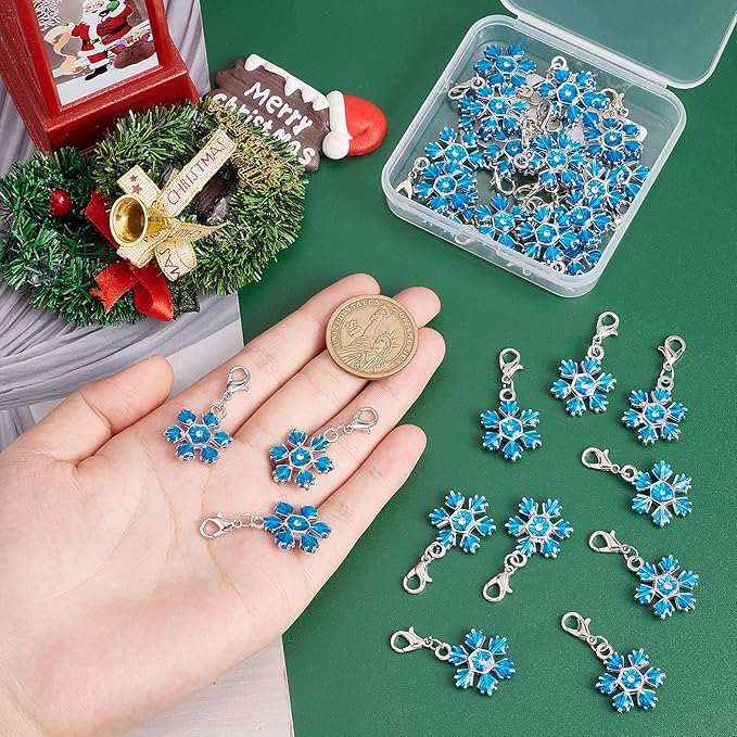SUNNYCLUE 1 Box 30Pcs Stitch Markers Crochet Stitch Marker Christmas Large Snowflake Charms Double Sided Clip On Removable Lobster Clasp Charm Locking Knitting Markers for Weaving Sewing Quilting