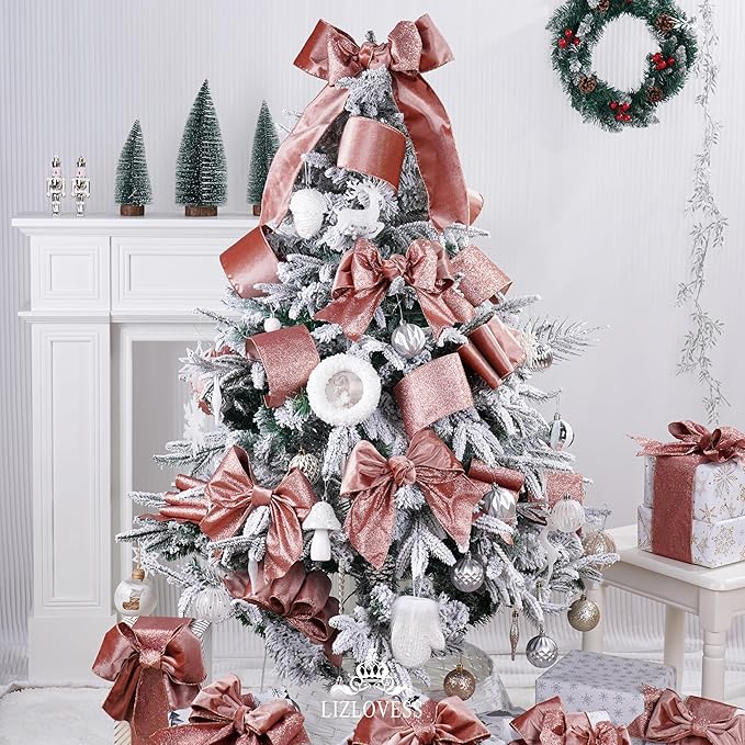 Rose Gold Velvet Wired Ribbon with Glitter Back 4 Inch Mauve Christmas Ribbon Wired Reversible Ribbon for Christmas Tree, Gift Wrapping, Crafts, Wreaths Supplies, Topper Bows (10 Yards)