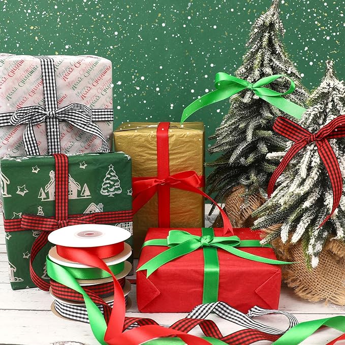 DECYOOL Christmas Ribbons, 4 Rolls 100 Yards Christmas Satin Ribbons 15mm Wide Holiday Craft Ribbons for Gift Wrapping and Xmas Decoration, Red & Green & Red Black Plaid & Black White Plaid