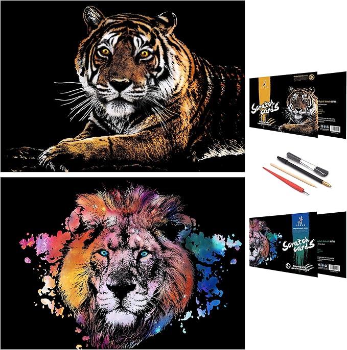 DESINIK Scratch Painting Art for Adults & Teens - 2 Sheets Rainbow Scratch Painting Kit, Scratch Painting Foil Art for Adults, Stress Relief Adult Craft Kits A3(Tiger & Lion)