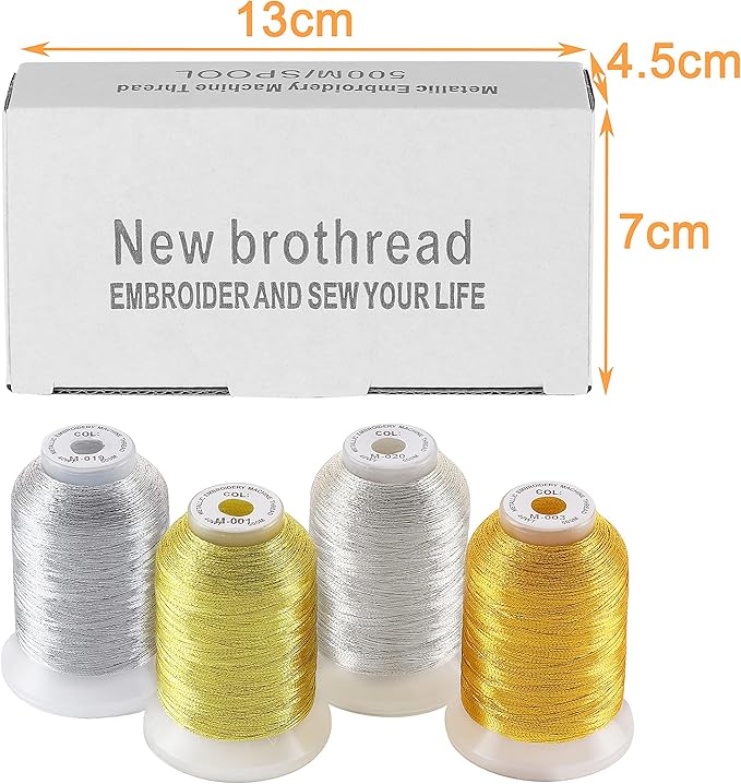 New brothread 4pcs (2 Gold+2 Silver Colors) Metallic Embroidery Machine Thread Kit 500M (550Y) Each Spool for Computerized Embroidery and Decorative Sewing