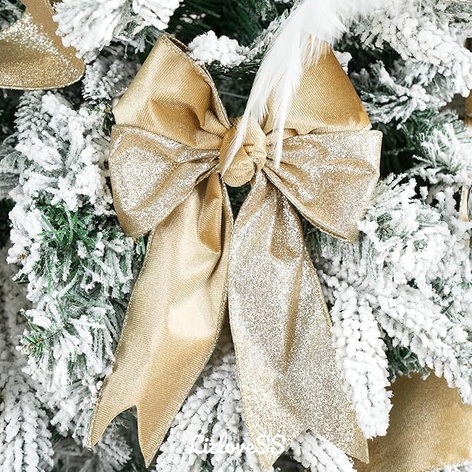 Khaki Velvet Wired Ribbon with Glitter Back 2.5 Inch Gold Christmas Ribbon Wired Reversible Ribbon for Christmas Tree Decorations, Gift Wrapping, Crafts, Wreaths Supplies, Bows (10 Yards)