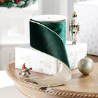 Green Velvet Wired Ribbon with Glitter Back 4 Inch Dark Green and Gold Christmas Ribbon Wired Ribbon for Christmas Tree, Gift Wrapping, Crafts, Wreaths Supplies, Topper Bows (10 Yards)