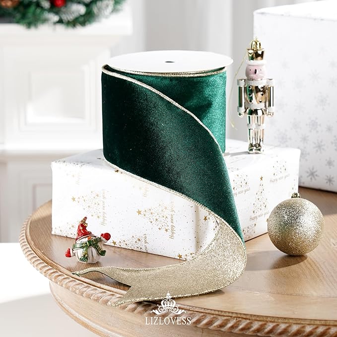 Green Velvet Wired Ribbon with Glitter Back 4 Inch Dark Green and Gold Christmas Ribbon Wired Ribbon for Christmas Tree, Gift Wrapping, Crafts, Wreaths Supplies, Topper Bows (10 Yards)