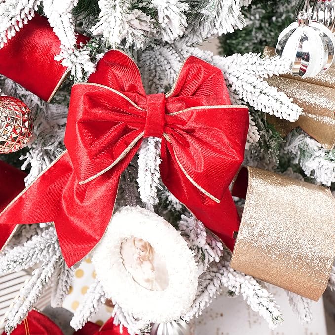 Red Velvet Wired Ribbon with Glitter Back 4 Inch Red and Gold Christmas Ribbon Wired Ribbon for Christmas Tree, Gift Wrapping, Mantel, Wreaths Supplies, Topper Bows (10 Yards)