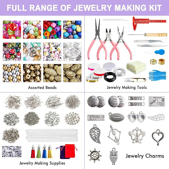 Jewelry Making Kit, 1960 pcs, Supplies Includes Beads, Instructions, Findings, Wire for Bracelet, Necklace, Earrings Making Kit for Adults by Inscraft