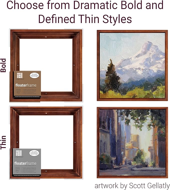 Ampersand Floaterframe Readymade Frame for Flat and 1 1/2" Deep Wood Panel and Canvas Artwork, Paintings, Prints, and More, 10"x10", Walnut Bold
