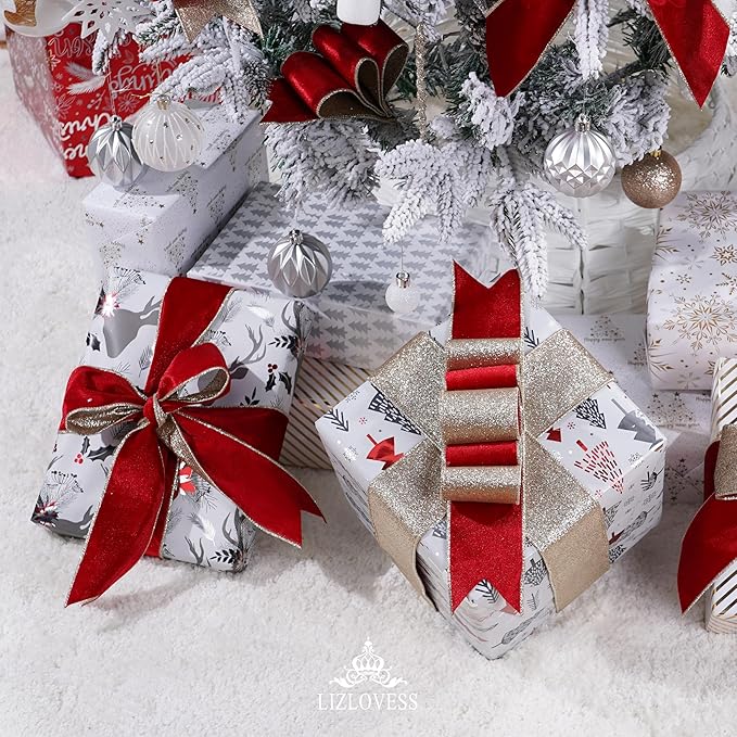 Red Velvet Wired Ribbon with Glitter Back 2.5 Inch Red and Gold Christmas Ribbon Wired Ribbon for Christmas Tree, Gift Wrapping, Mantel, Wreaths Supplies, Topper Bows (10 Yards)