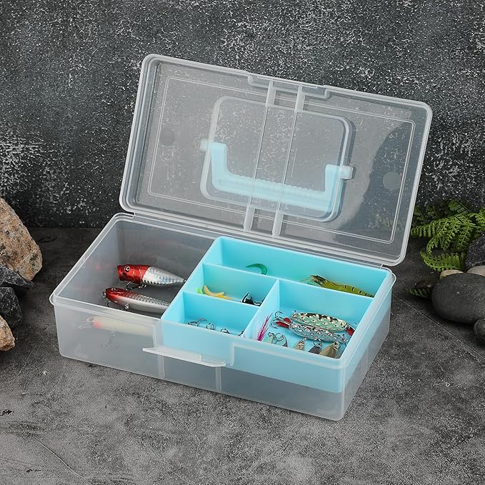 JUXYES 2 Pack Plastic Carry Storage Box with Removable Dividers, Clear Art Craft Supply Storage Bin Sewing Box with Handle Lid, 2 Layers Stationery Storage Case for School/Office Supplies Light Blue