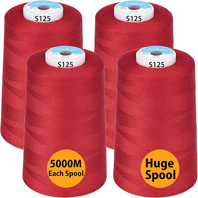 Simthread All Purpose Sewing Thread from 100% Spun Polyester for Serger, Overlock, Merrow, Quilting Sewing 4 Big Cones of 5000M (5500 Yards) Each - 40S/2 Red
