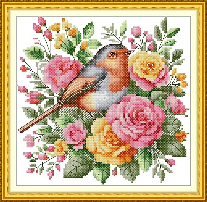 Threadhaven Counted Cross-Stitch Kit 14CT Aida Fabric with Threads, Needles & Guide | Animal Sewing Pattern Embroidery Kit for Adults | Premium DIY Craft Kit- Robin 10.6''×10.2''