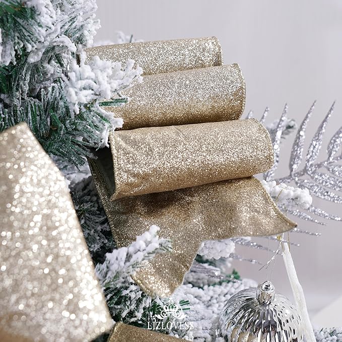 Sage Green Velvet Wired Ribbon with Glitter Back 4 Inch Green and Gold Christmas Ribbon Wired Ribbon for Christmas Tree, Gift Wrapping, Crafts, Wreaths Supplies, Topper Bows (10 Yards)