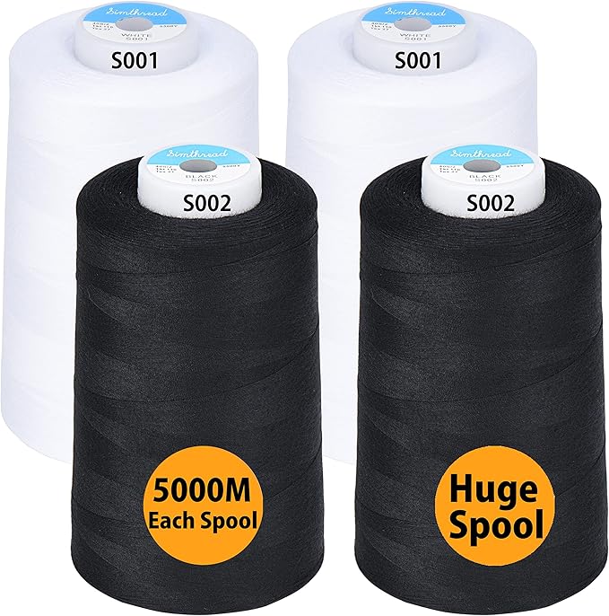 Simthread All Purpose Sewing Thread from 100% Spun Polyester for Serger, Overlock, Merrow, Quilting Sewing 4 Big Cones of 5000M (5500 Yards) Each - 40S/2 2White + 2Black