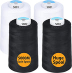 Simthread All Purpose Sewing Thread from 100% Spun Polyester for Serger, Overlock, Merrow, Quilting Sewing 4 Big Cones of 5000M (5500 Yards) Each - 40S/2 2White + 2Black