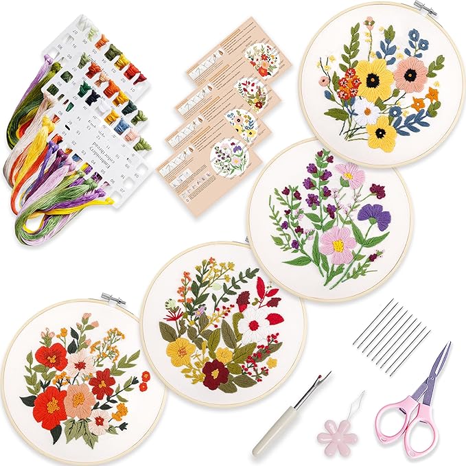 SevFan 4 Sets Embroidery Kit for Beginners Adults,Needlepoint Kits for Adults with Easy Stamped Floral Pattern Fabric Hand Crafts,Bamboo Hoop,Needle,Cloth,Embroidery Kit for Decor Home Room (flower-3)