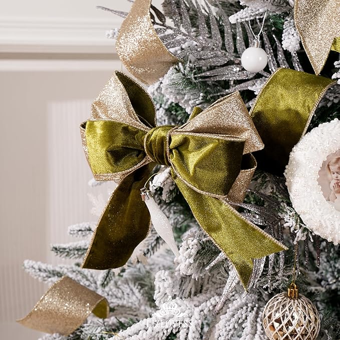 Moss Velvet Wired Ribbon with Glitter Back 2.5 Inch Green and Gold Christmas Ribbon Wired Olive Ribbon for Christmas Tree, Gift Wrapping, Crafts, Wreaths Supplies, Topper Bows (10 Yards)