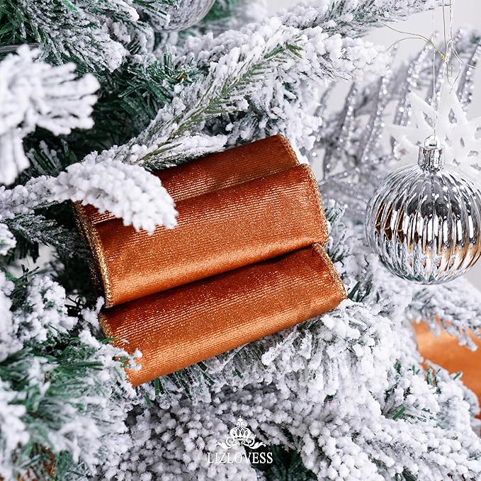 Copper Velvet Wired Ribbon with Glitter Back 4 Inch Copper Christmas Ribbon Wired Ribbon for Christmas Tree Decorations, Gift Wrapping, Crafts, Wreaths Supplies, Topper Bows (10 Yards)