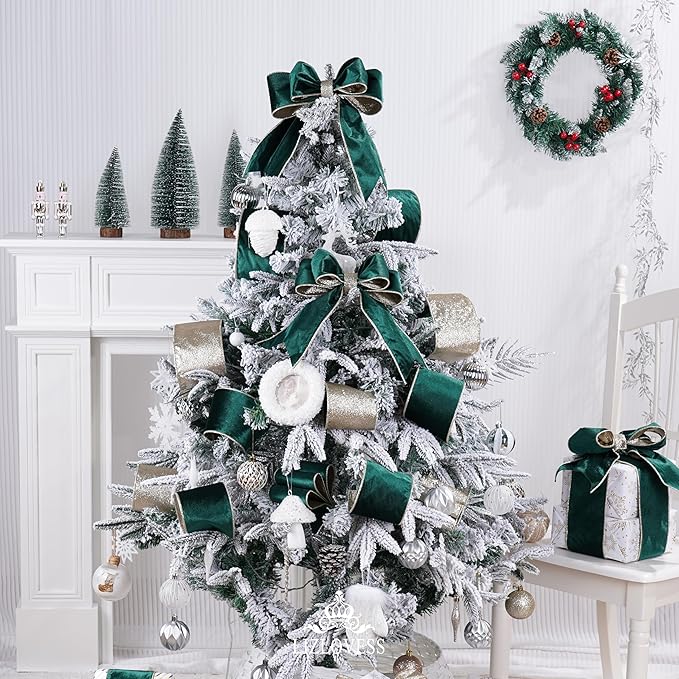 Green Velvet Wired Ribbon with Glitter Back 4 Inch Dark Green and Gold Christmas Ribbon Wired Ribbon for Christmas Tree, Gift Wrapping, Crafts, Wreaths Supplies, Topper Bows (10 Yards)